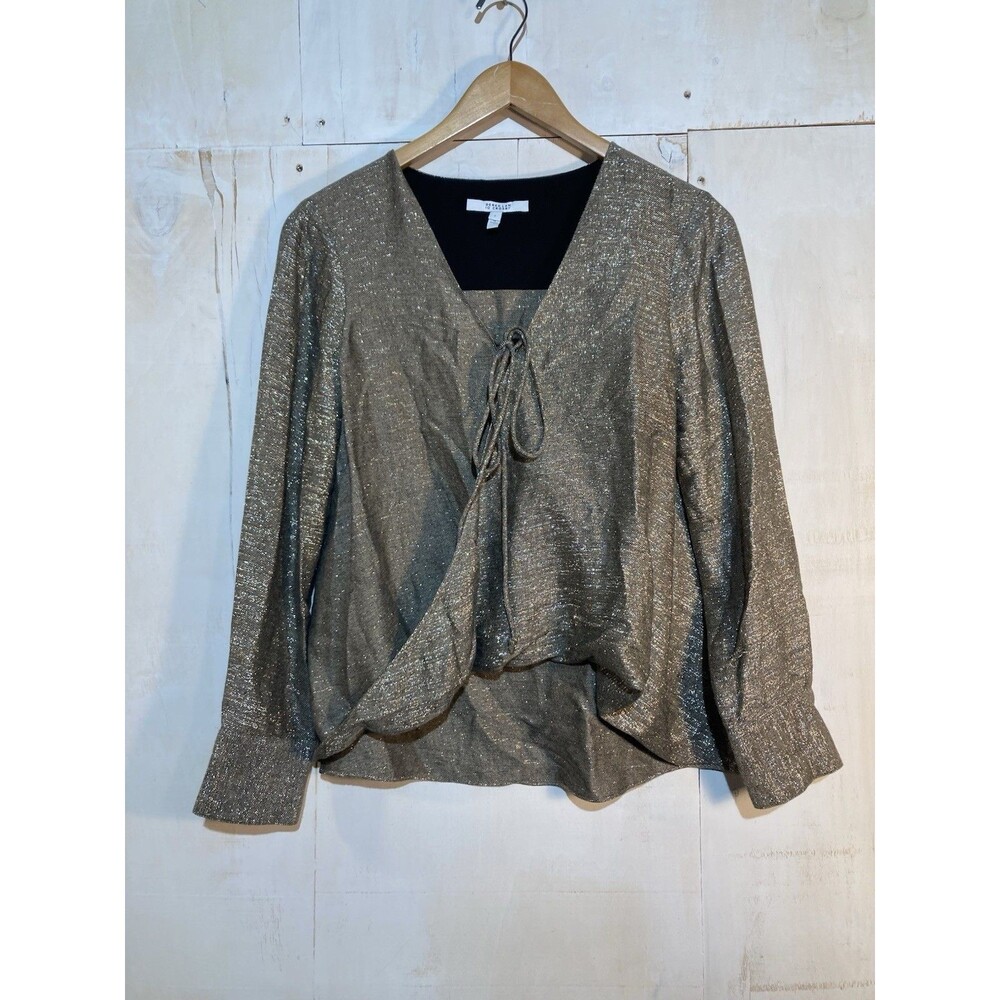 Derek Lam Long Sleeve Top Gold Metallic Glitter Blouse Size 6 Glam Holiday Luxe